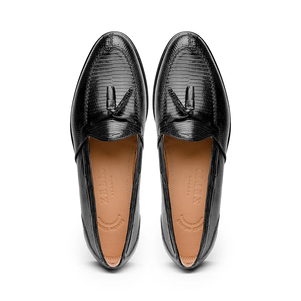 14-580-BLK FRANCO Teju Lizard Tassel Loafer, Black