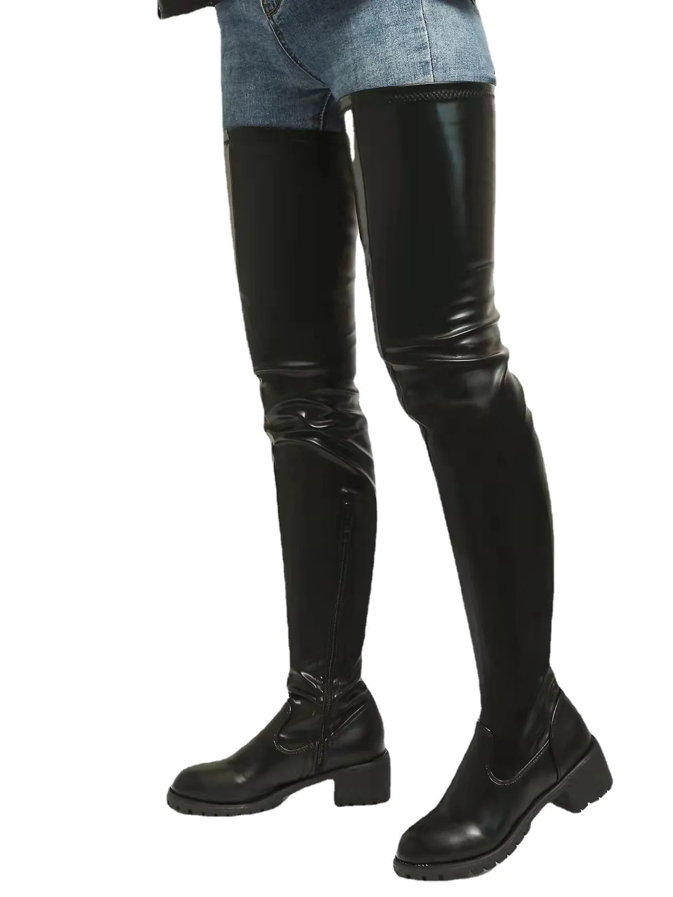 Black red chunky square heel thigh high boots for women
