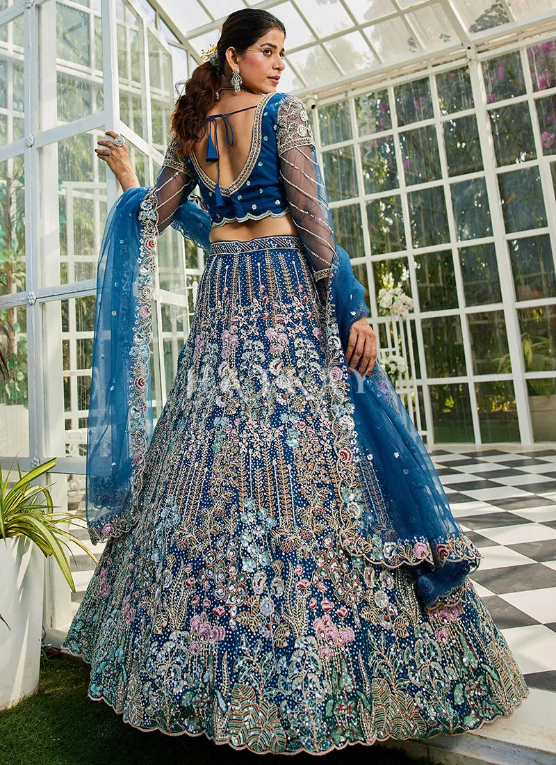 Blue Floral Embroidery Bridal Lehenga Choli