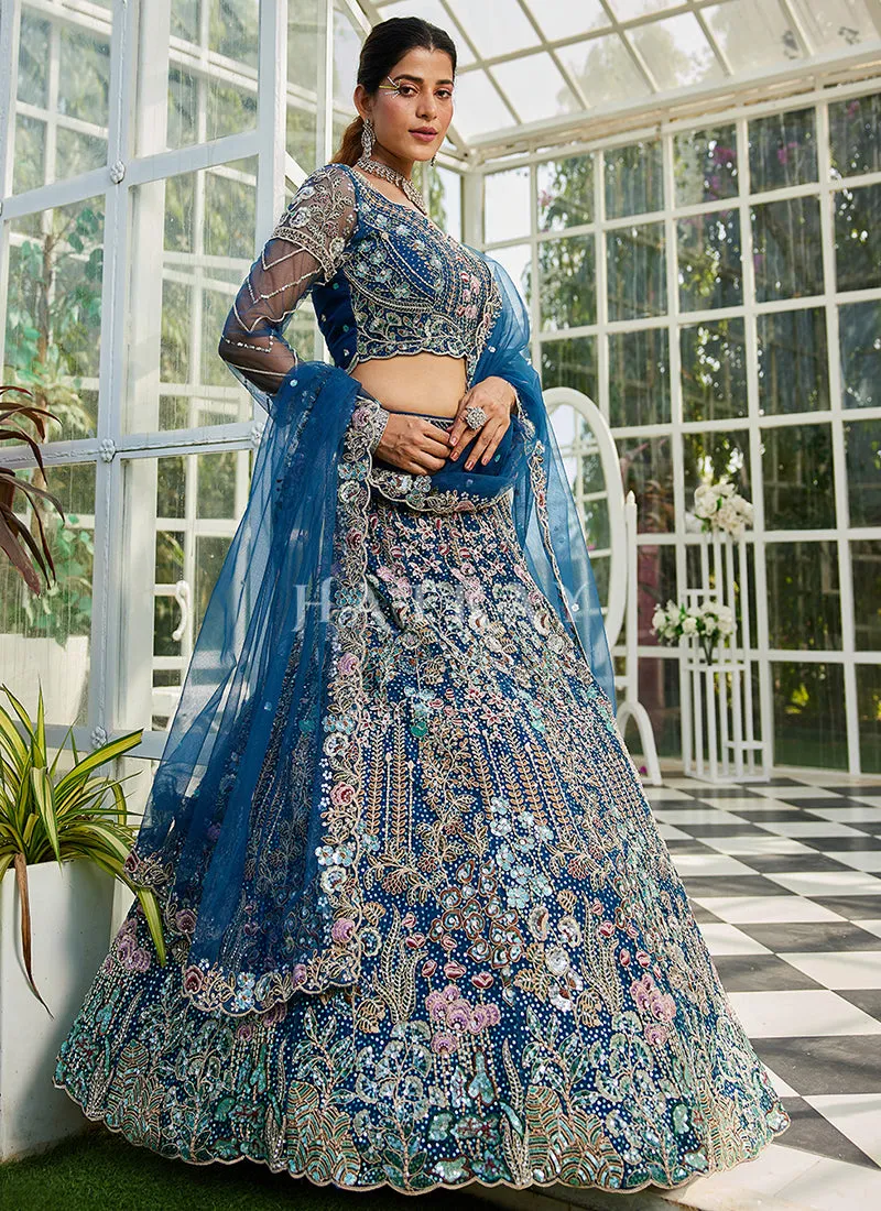 Blue Floral Embroidery Bridal Lehenga Choli