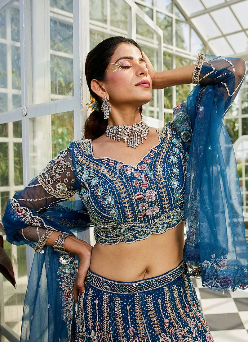 Blue Floral Embroidery Bridal Lehenga Choli