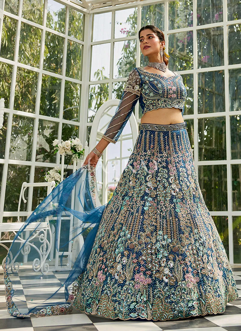 Blue Floral Embroidery Bridal Lehenga Choli