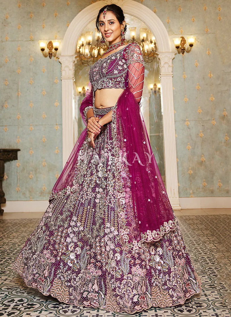 Burgundy Floral Embroidery Bridal Lehenga Choli