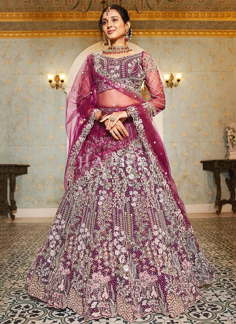 Burgundy Floral Embroidery Bridal Lehenga Choli