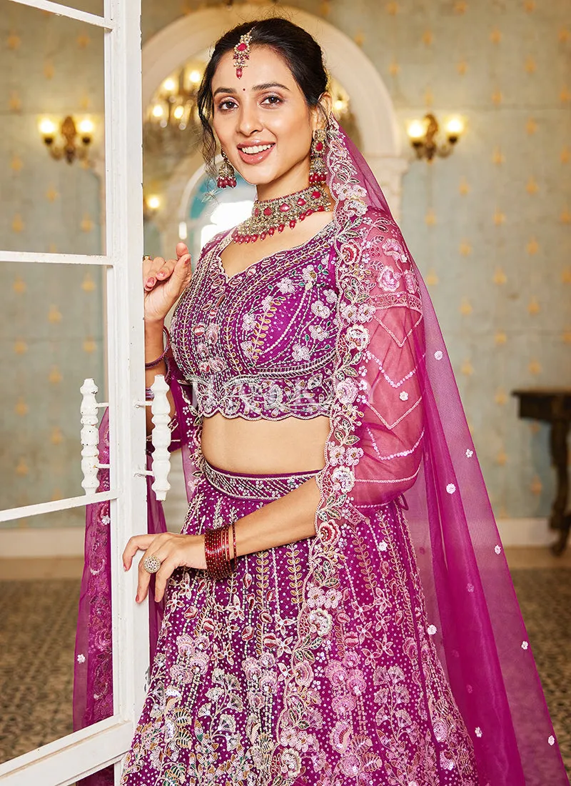 Burgundy Floral Embroidery Bridal Lehenga Choli