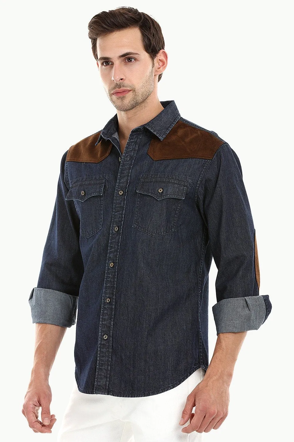 Casual Suede Patch Denim Shirt