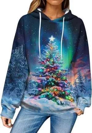 Christmas Sweatshirts For Women Trendy Oversized Hoodies Drawstring Long Sleeve Christmas Graphic Hoodies Lightweight