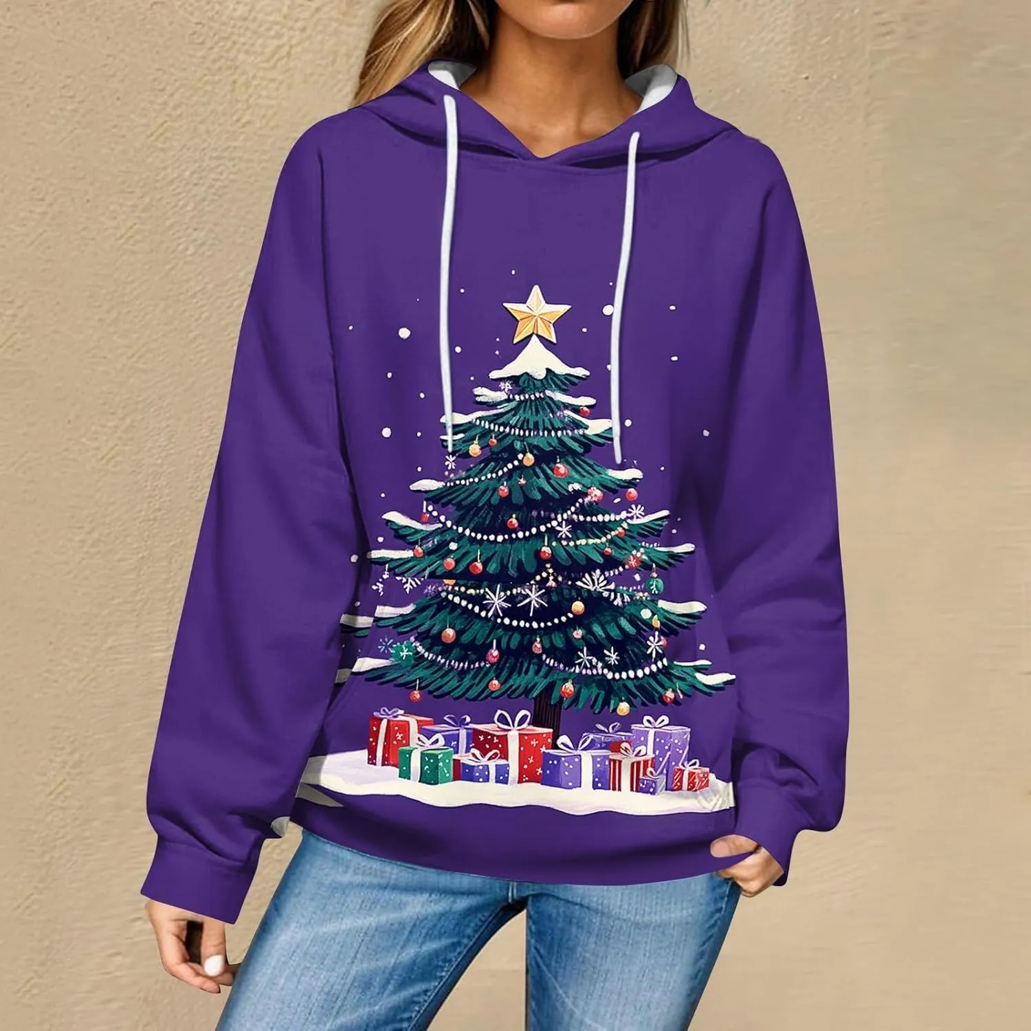 Christmas Sweatshirts For Women Trendy Oversized Hoodies Drawstring Long Sleeve Christmas Graphic Hoodies Lightweight