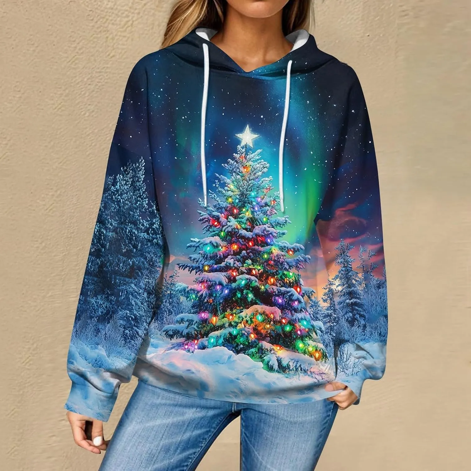 Christmas Sweatshirts For Women Trendy Oversized Hoodies Drawstring Long Sleeve Christmas Graphic Hoodies Lightweight