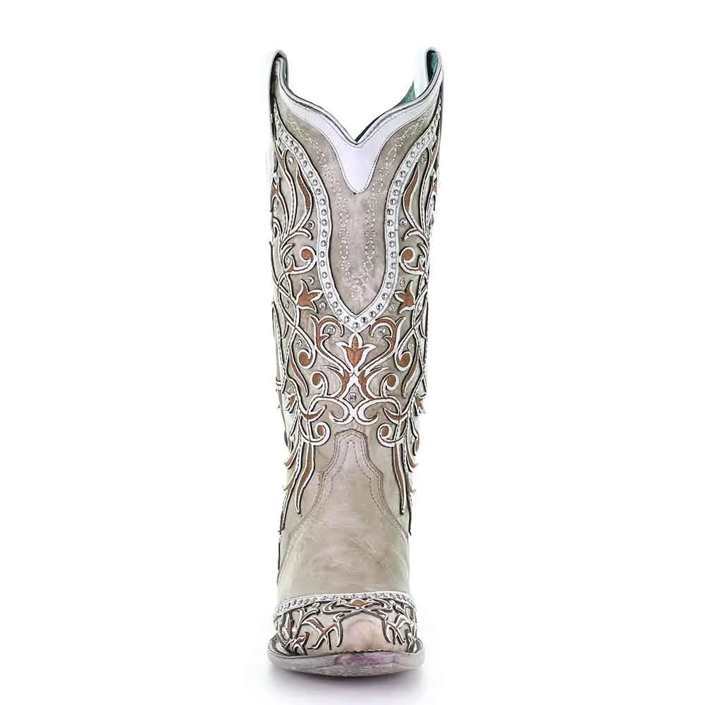 Corral White Overlay with Studs & Crystals Cowhide Leather Boots