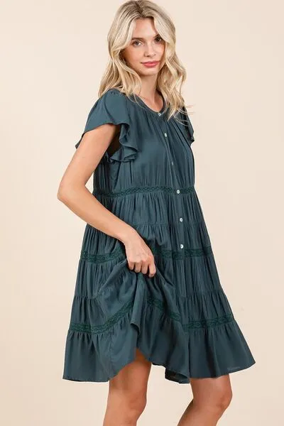Deep Teal Lace Detail Ruffled Button Down Tiered Dress