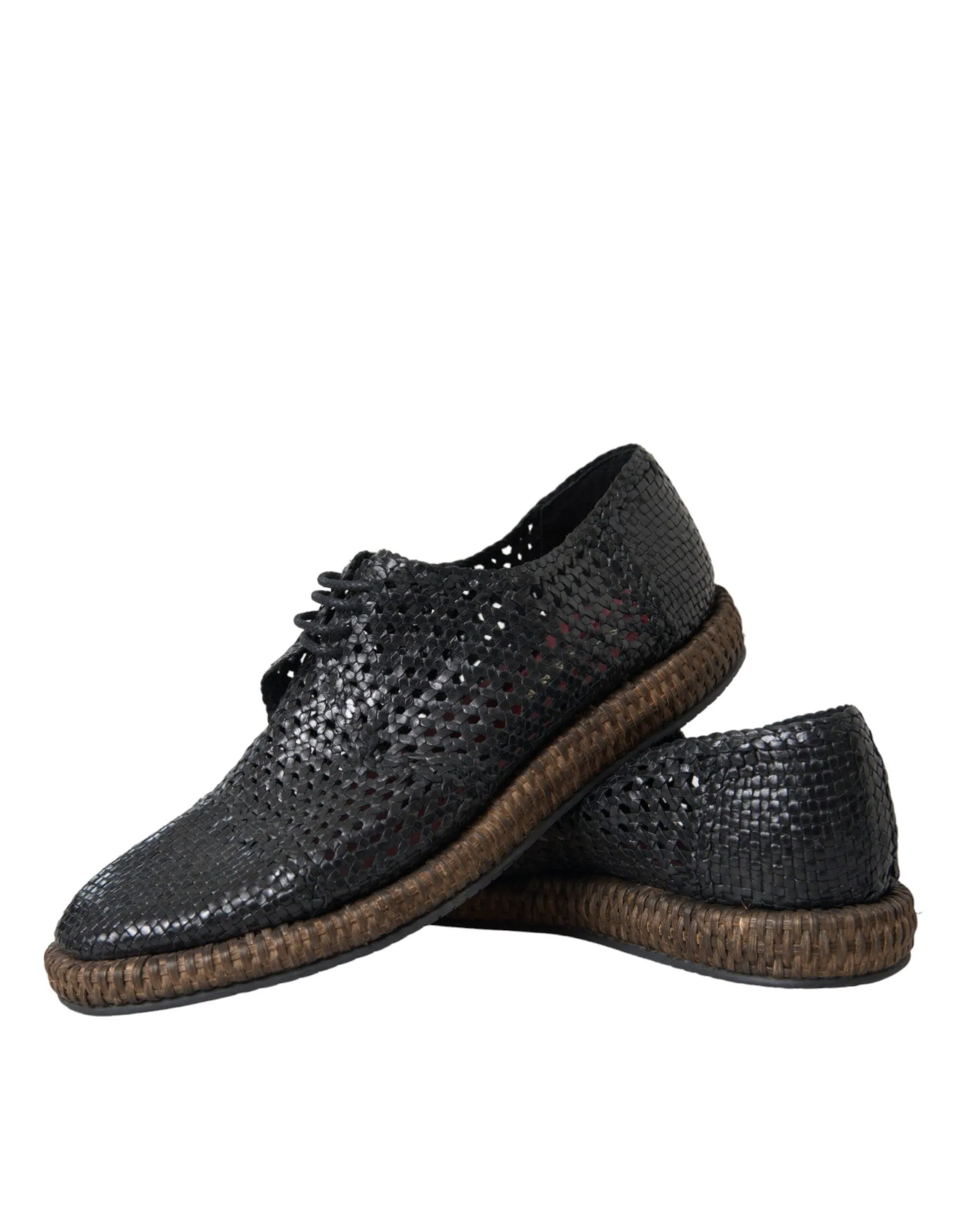 Dolce & Gabbana Black Woven Goat Leather Lace Up Derby Sko
