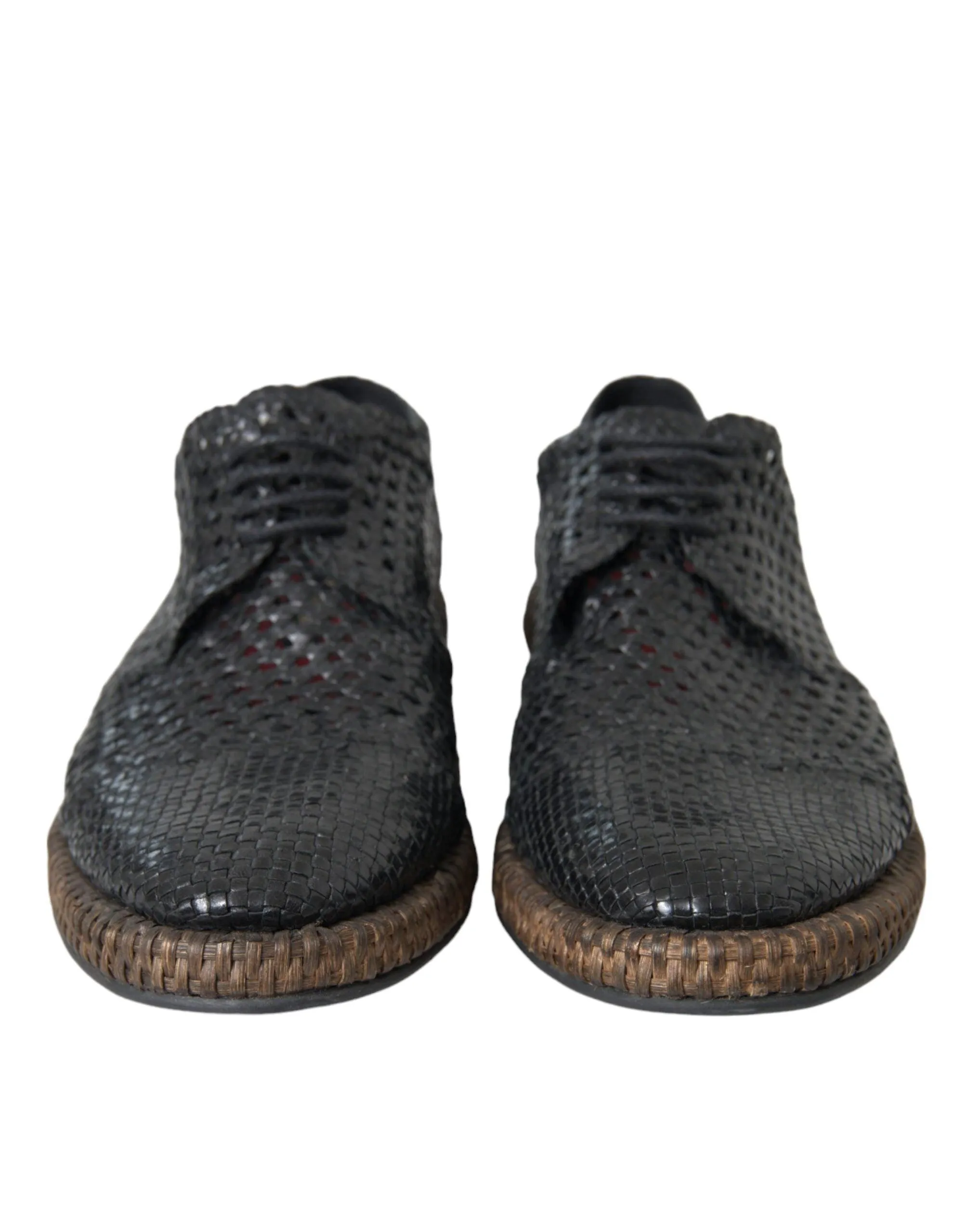 Dolce & Gabbana Black Woven Goat Leather Lace Up Derby Sko