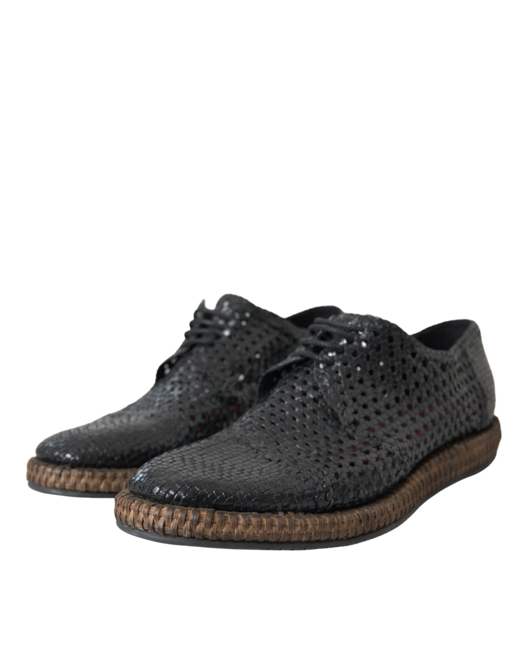 Dolce & Gabbana Black Woven Goat Leather Lace Up Derby Sko