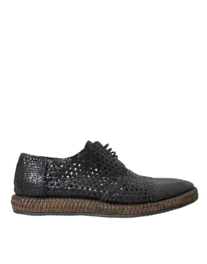 Dolce & Gabbana Black Woven Goat Leather Lace Up Derby Sko