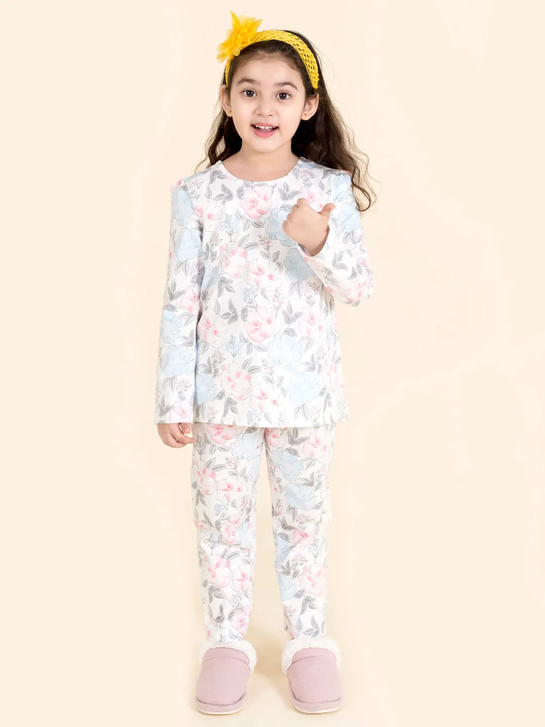 Girls White & Pink Printed Night suit (NW-White Floral)