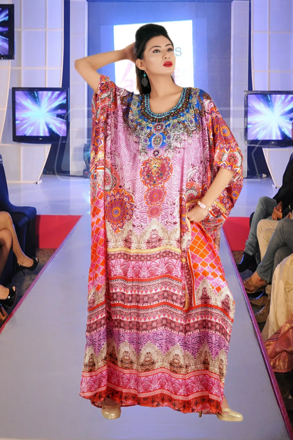 Graceful Silk Kaftan Maxi Dress with Stunning Beaded Neckline