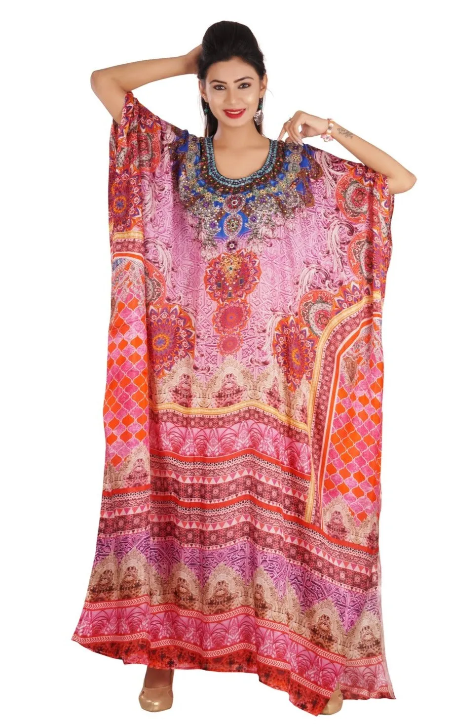 Graceful Silk Kaftan Maxi Dress with Stunning Beaded Neckline