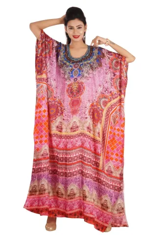 Graceful Silk Kaftan Maxi Dress with Stunning Beaded Neckline