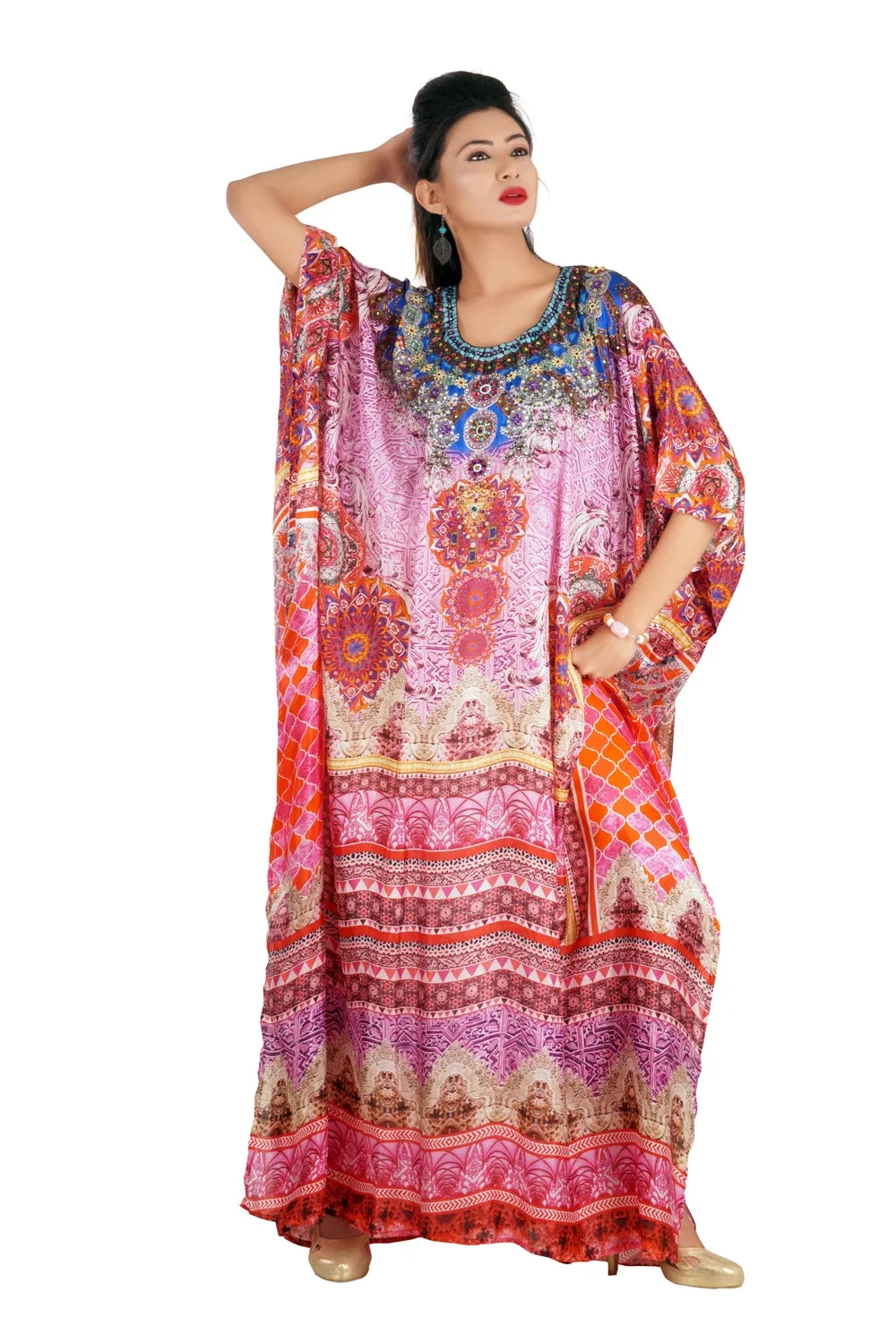 Graceful Silk Kaftan Maxi Dress with Stunning Beaded Neckline