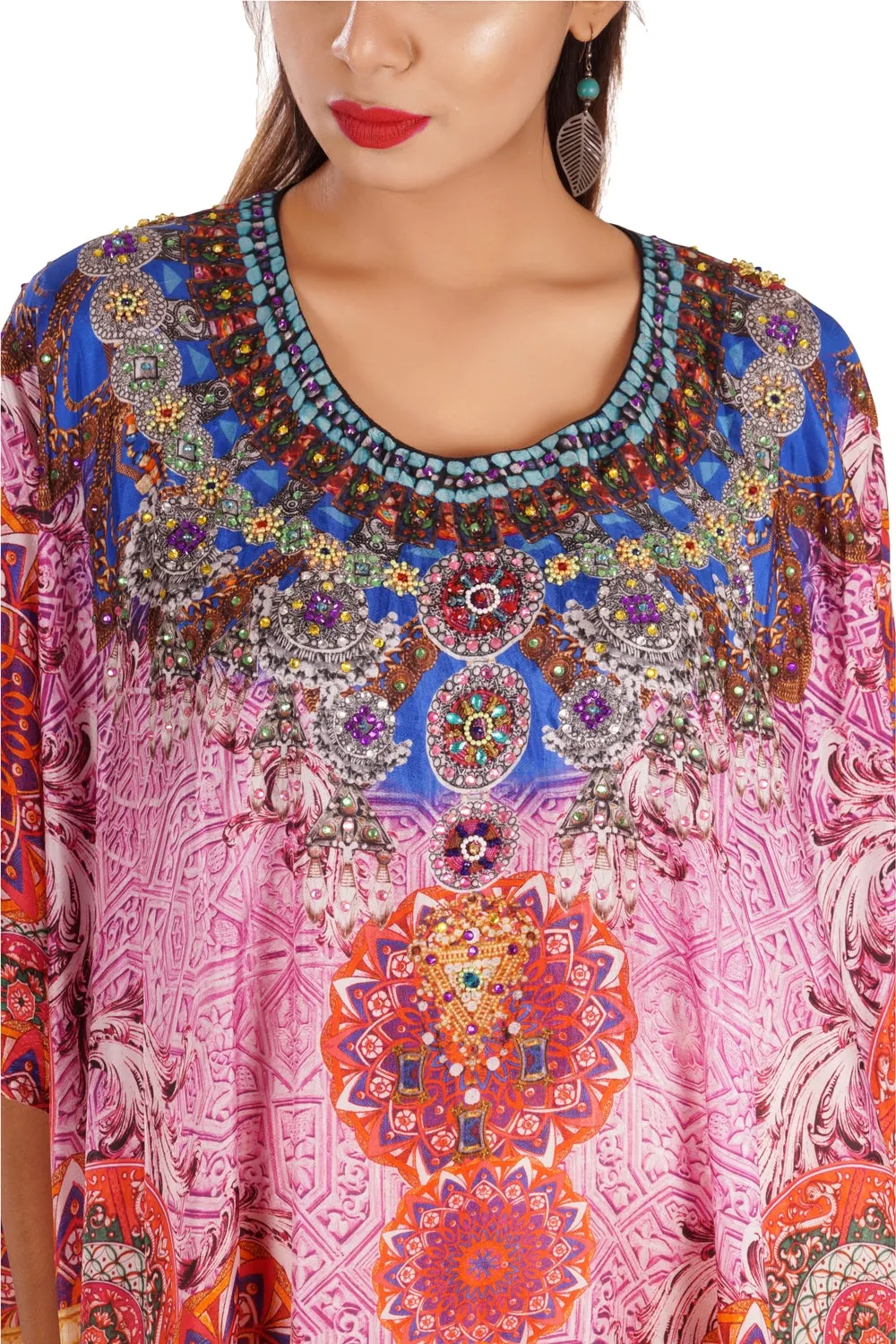 Graceful Silk Kaftan Maxi Dress with Stunning Beaded Neckline