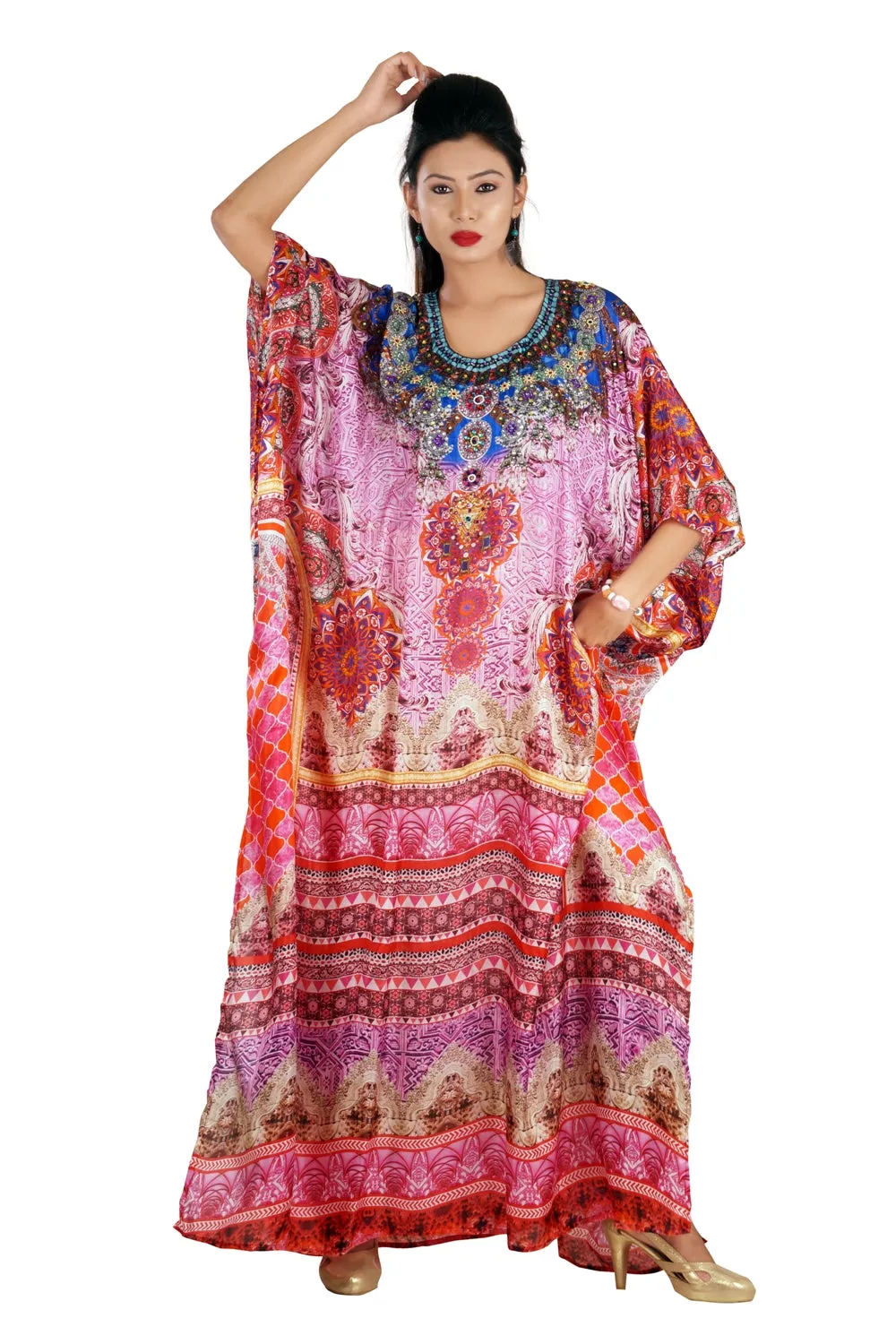 Graceful Silk Kaftan Maxi Dress with Stunning Beaded Neckline