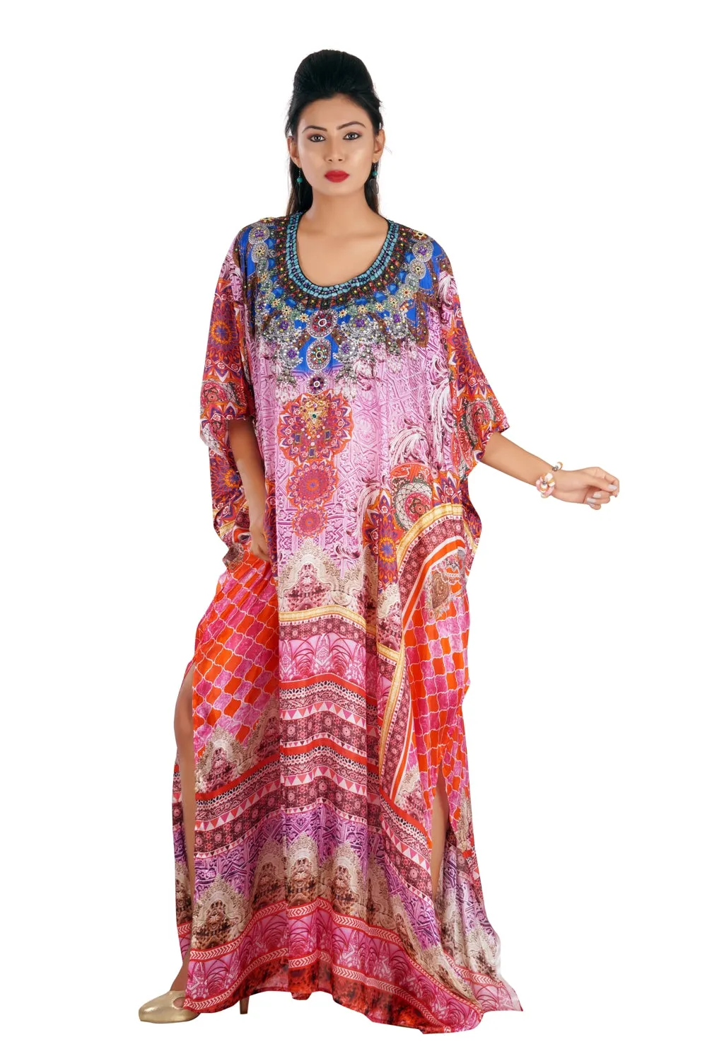 Graceful Silk Kaftan Maxi Dress with Stunning Beaded Neckline