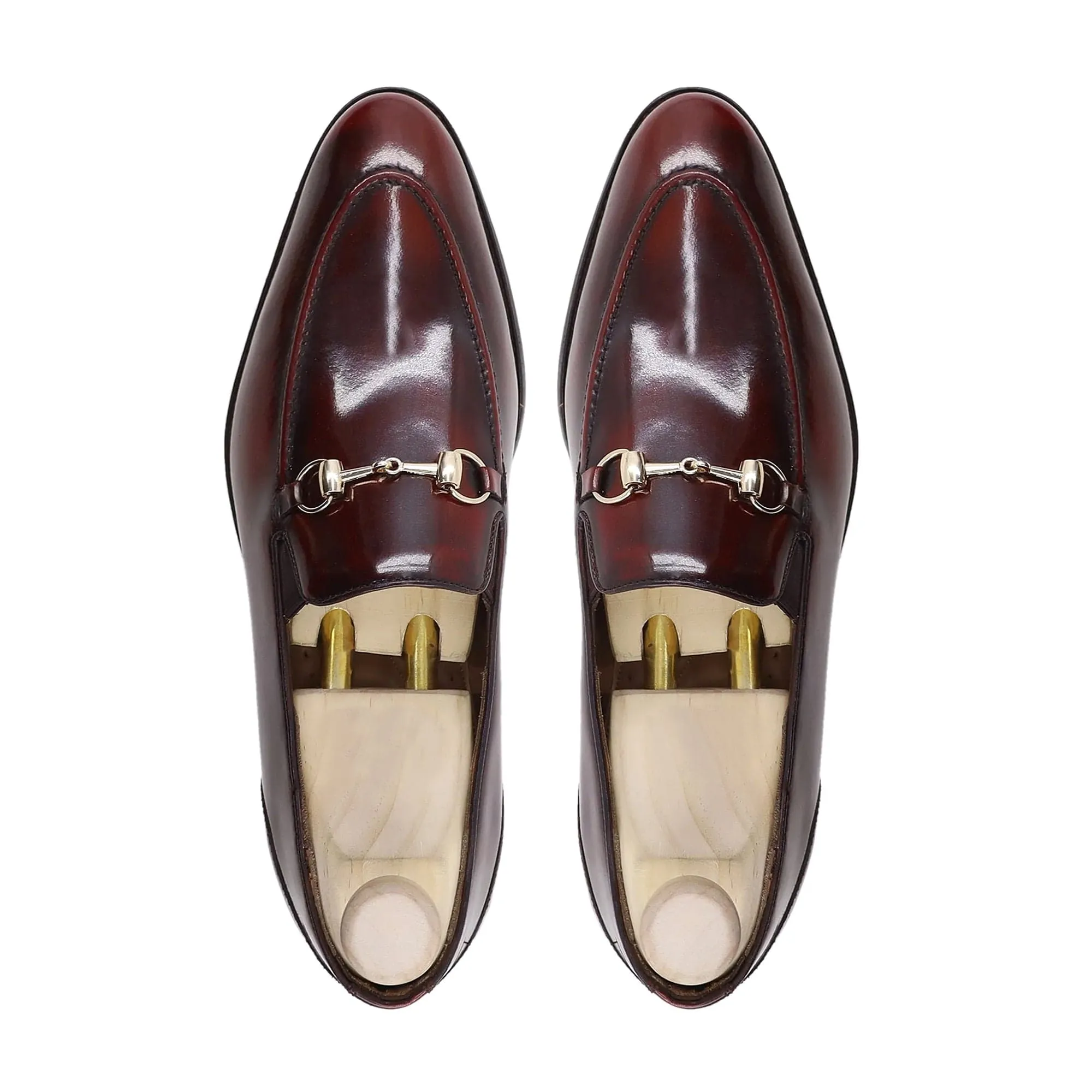 Handmade Custom Oxblood Patina Box Leather High Shine Mens Loafers