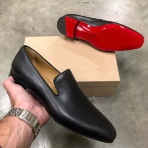 Jinquedai Red Sole Loafers Men Shoes PU Solid Color Fashion Business Casual Party Daily Versatile Simple Lightweight Classic Dress Shoes