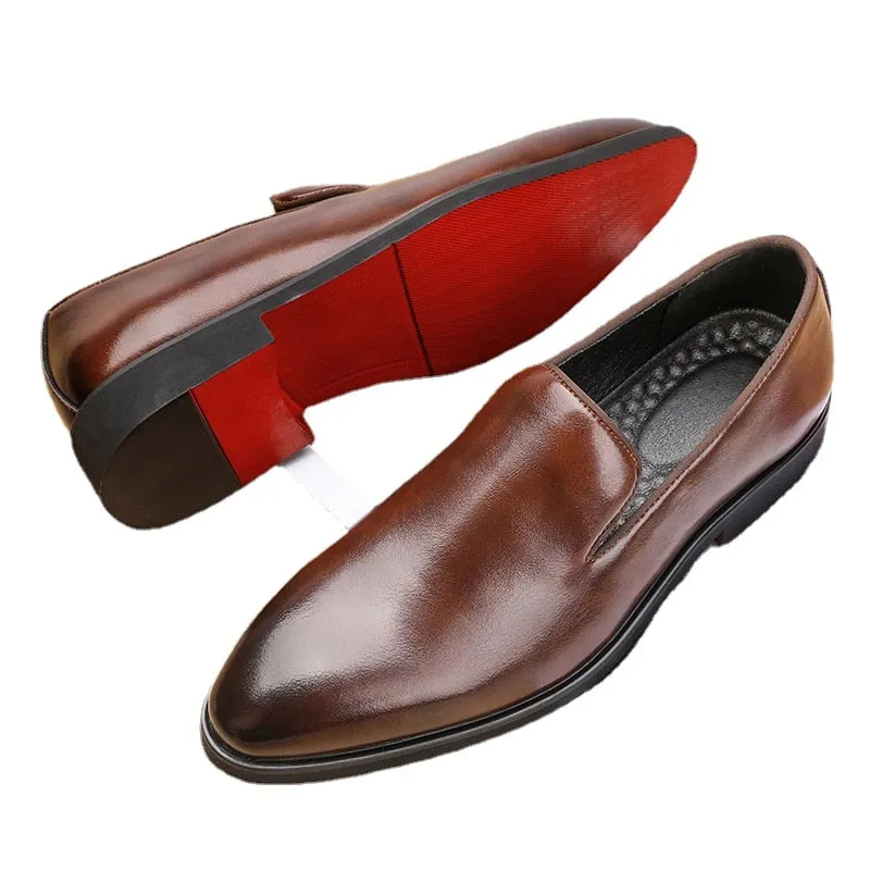 Jinquedai Red Sole Loafers Men Shoes PU Solid Color Fashion Business Casual Party Daily Versatile Simple Lightweight Classic Dress Shoes