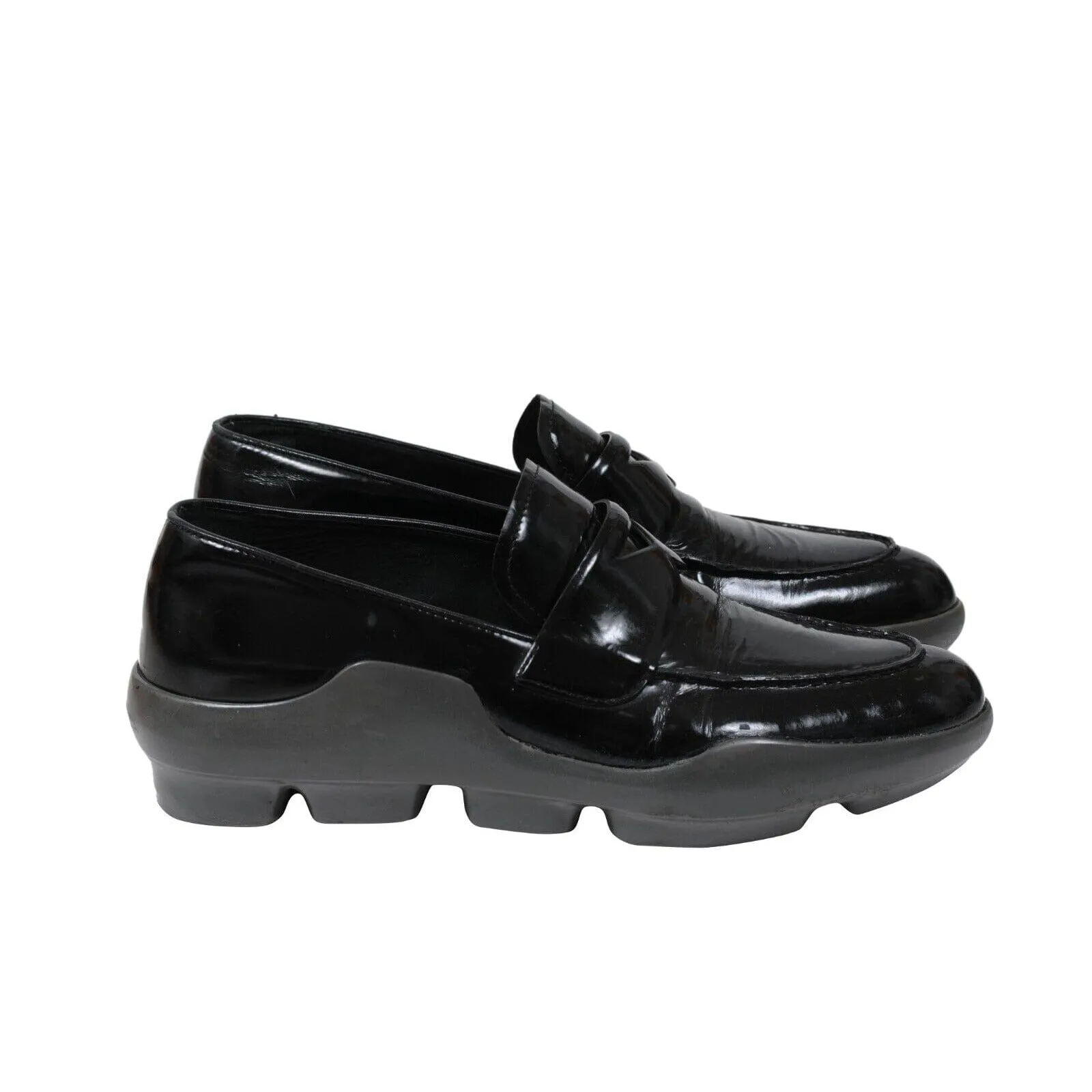 Prada Vintage Platform Penny Loafers Black Leather Gray Rubber Sole