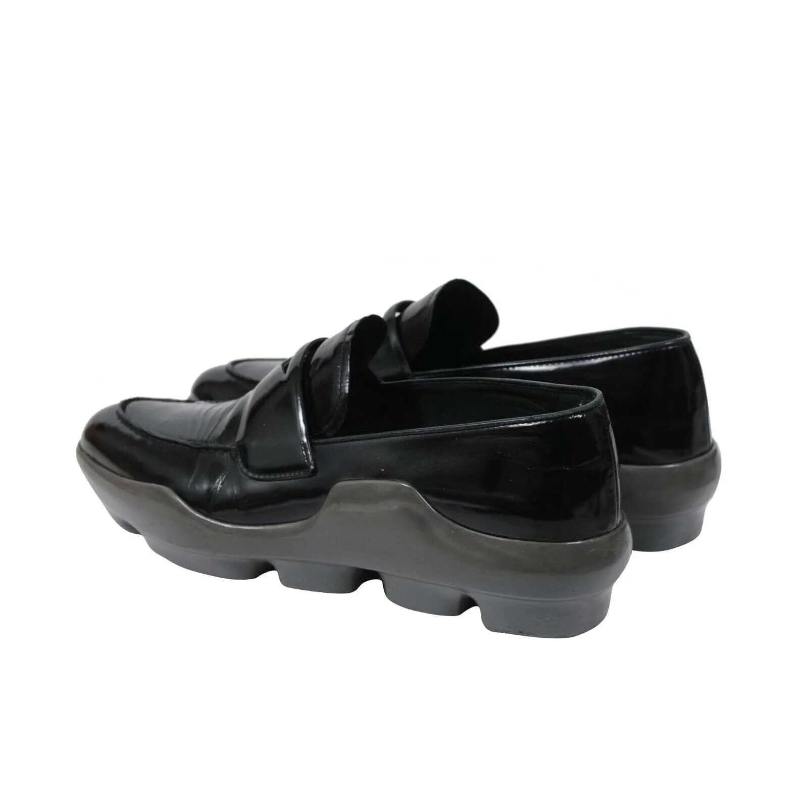 Prada Vintage Platform Penny Loafers Black Leather Gray Rubber Sole