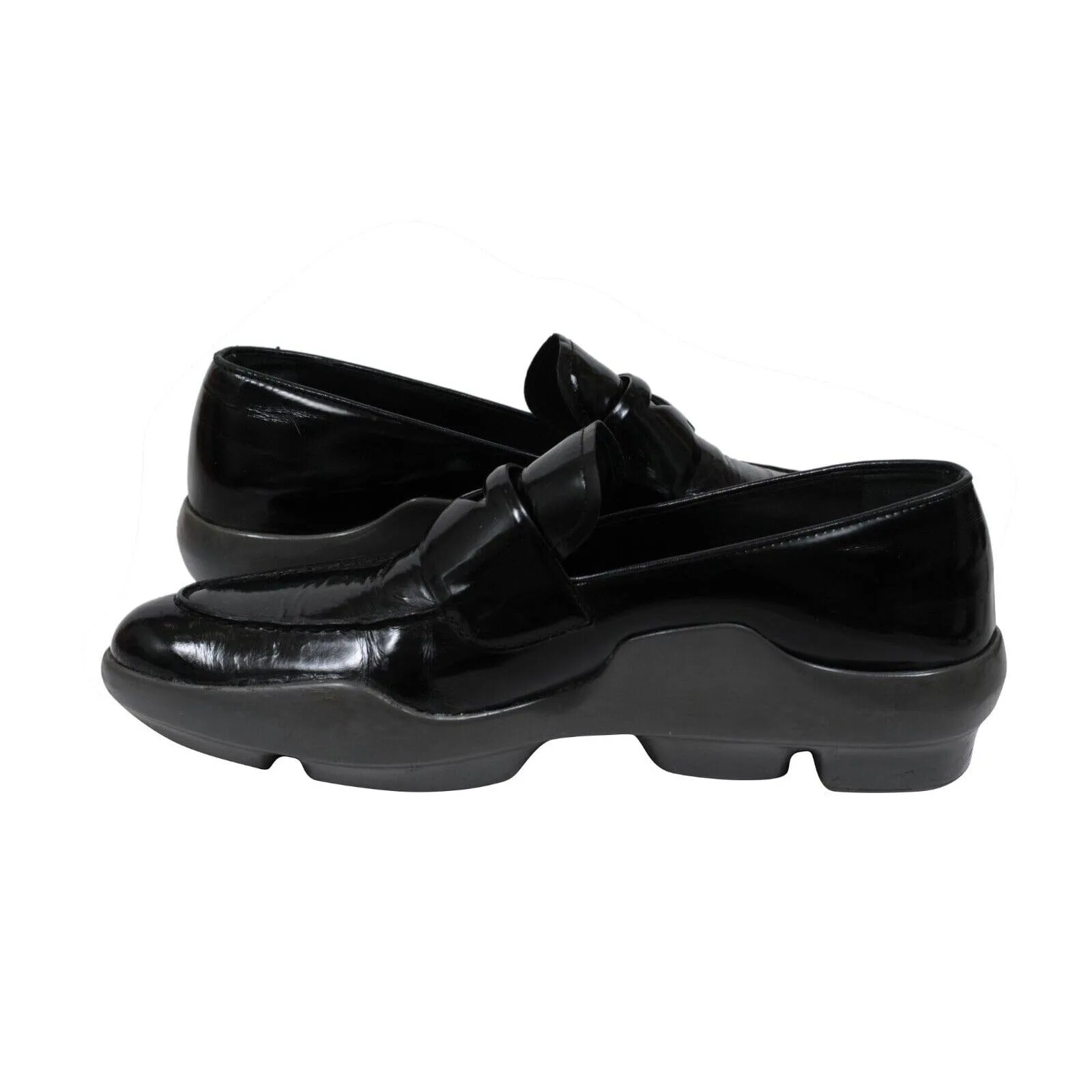 Prada Vintage Platform Penny Loafers Black Leather Gray Rubber Sole