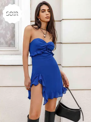 RegalRomance™ Royal Blue Sweetheart Neck Ruffled Mini Dress