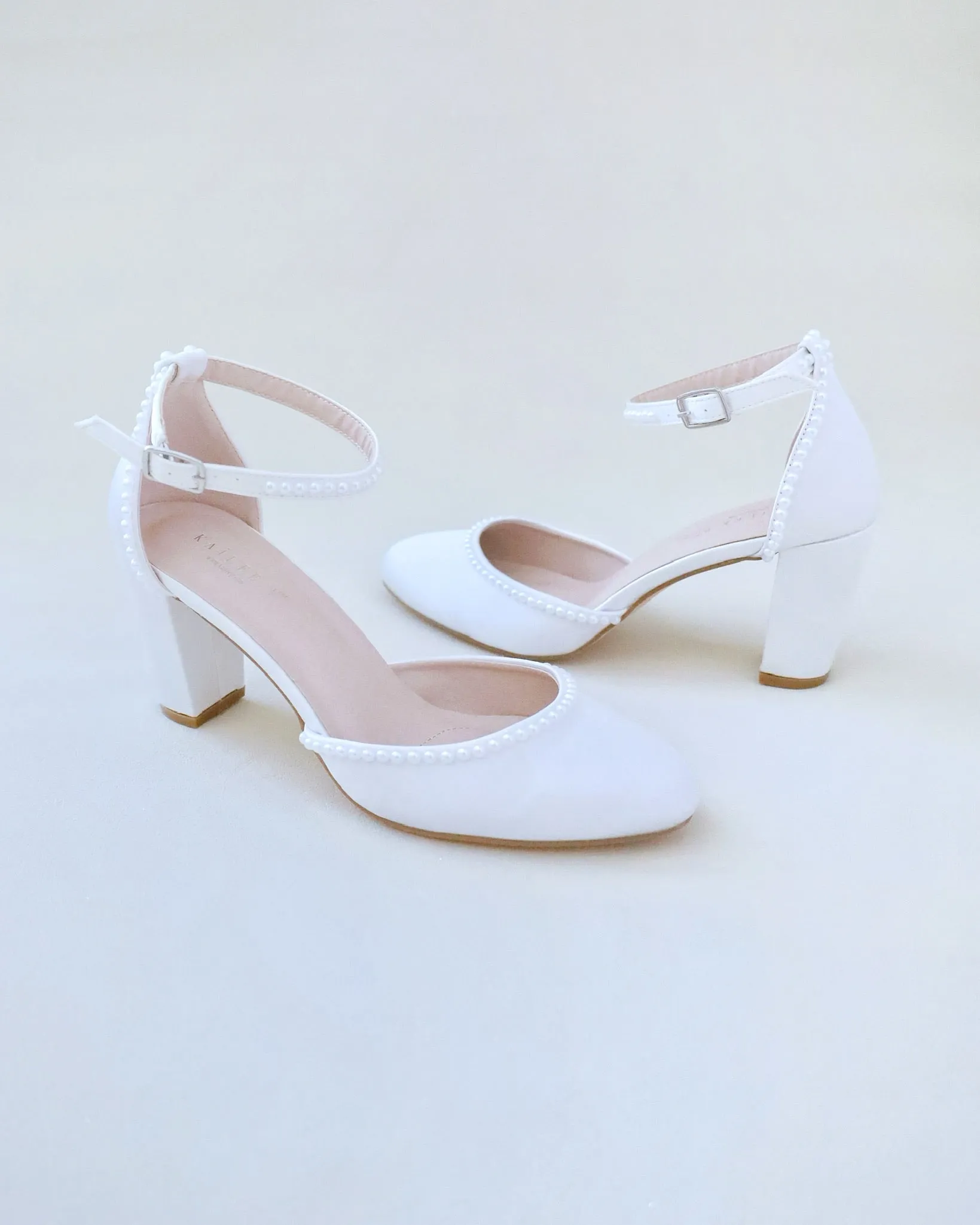 Satin Block Heel with Mini Pearls