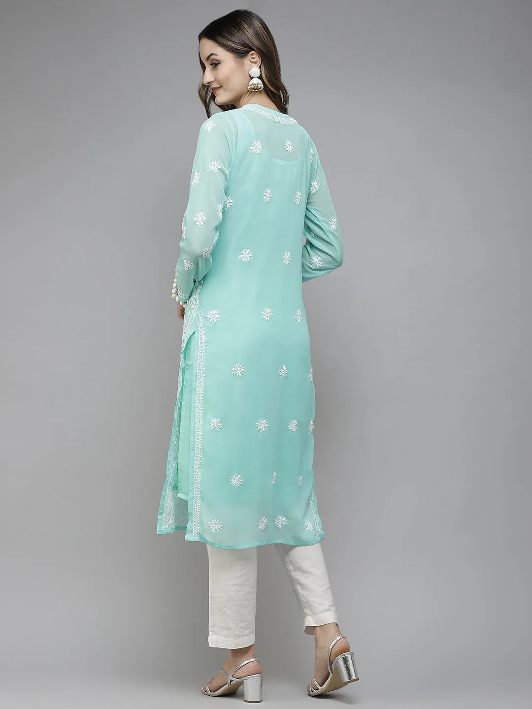 Sea Green Semi-Sheer Chikankari Kurta With Slip