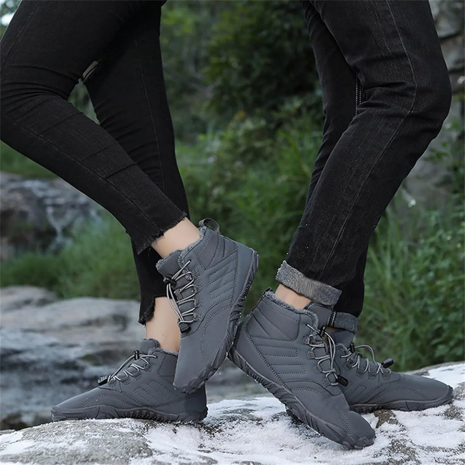 Snow Boots for Men Barefoot Shoes Waterproof Women Work Boots Hiking Sneakers Warm Fur Lined Slip Resistant Outdoor Shoes Lightweight Hike Grounded Footwear