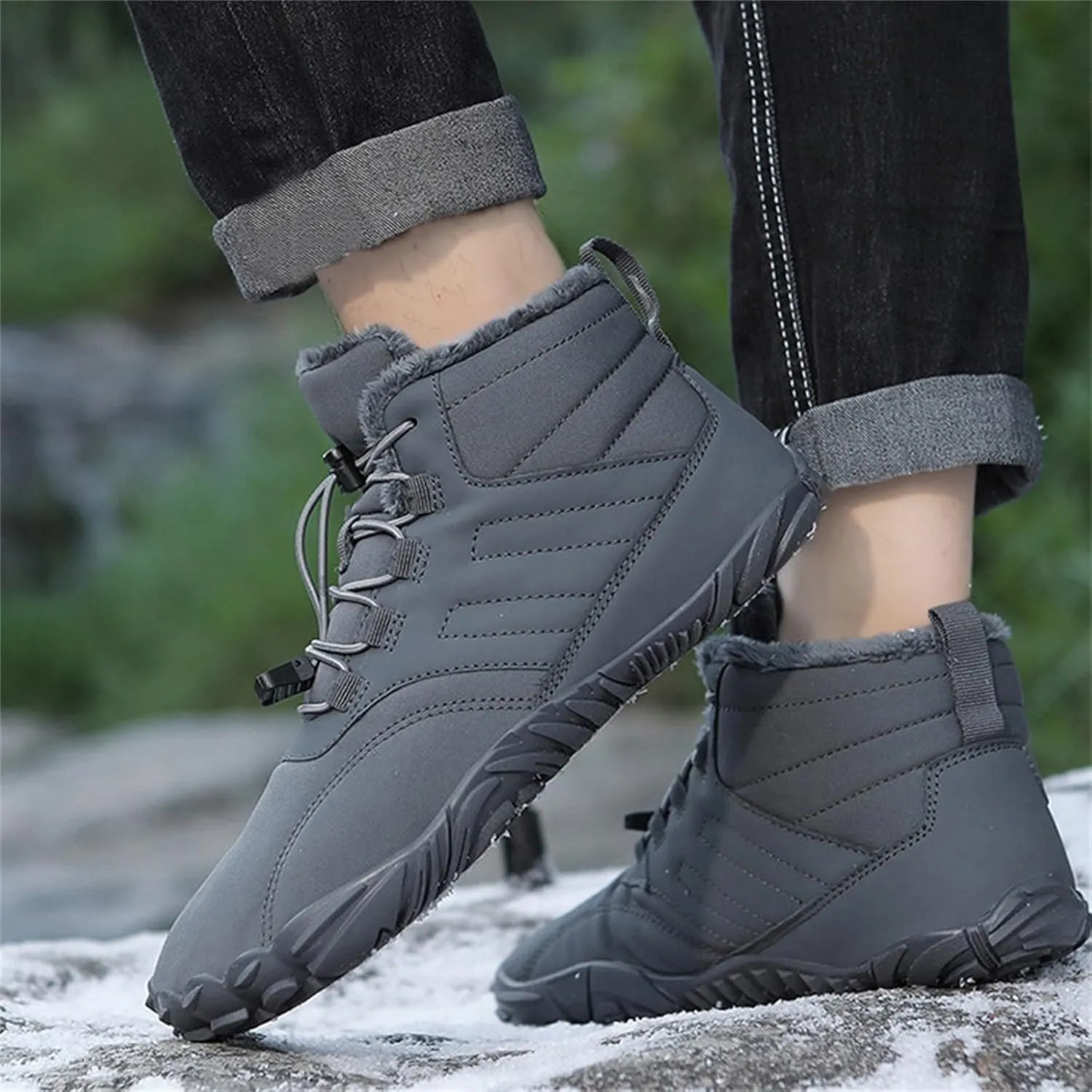 Snow Boots for Men Barefoot Shoes Waterproof Women Work Boots Hiking Sneakers Warm Fur Lined Slip Resistant Outdoor Shoes Lightweight Hike Grounded Footwear