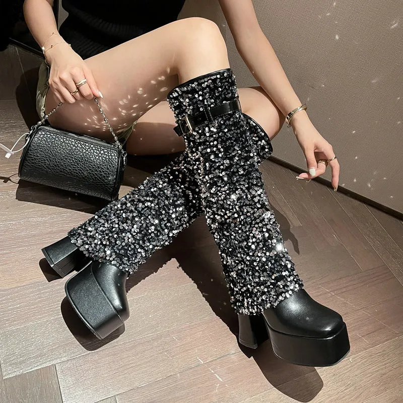 Square-Toed Chunky Heel with Rhinestone Fashion Boots