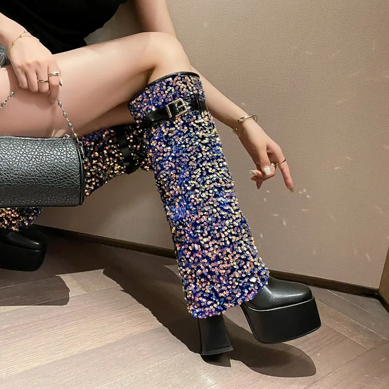 Square-Toed Chunky Heel with Rhinestone Fashion Boots