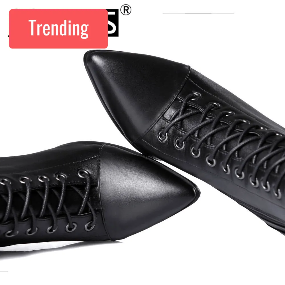 Trendy Mid Calf Pinted Toe Leather Boots