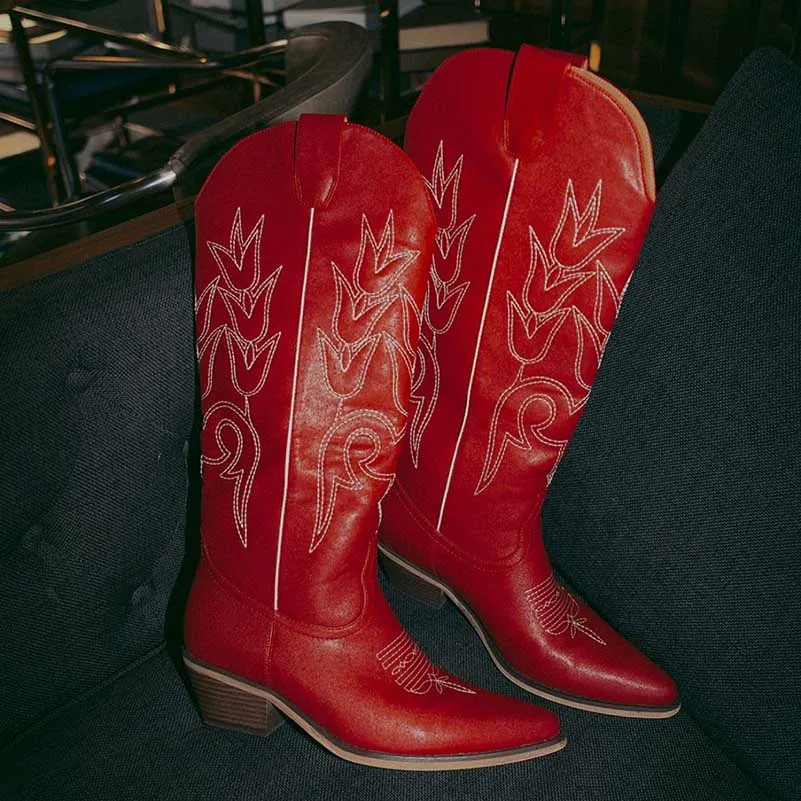Women's Chunky Cowgirl Boots in Red