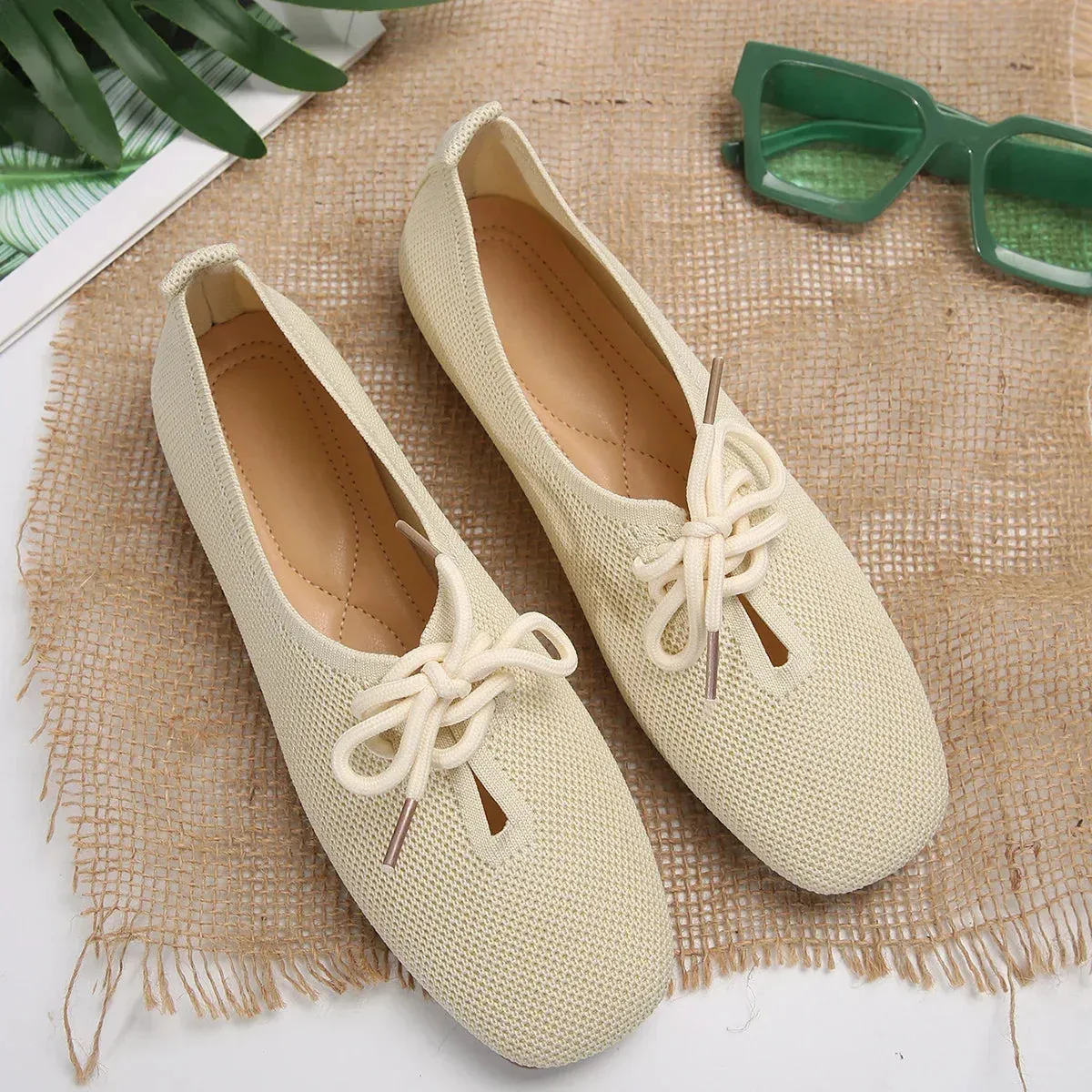 Xajzpa  Autumn Mesh Breathable Women's Flat Shoes Solid Simple Ballet Flats Female Casual Lace-up Walking Shoes for Women